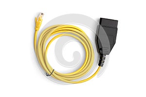 Car diagnostic OBD2 scanner cable isolated on white background.