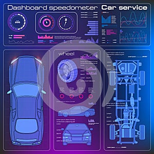 Car diagnostics with futuristic user interface elements. Smart car dashboard. Modern Speedometer Interface. HUD UI GUI