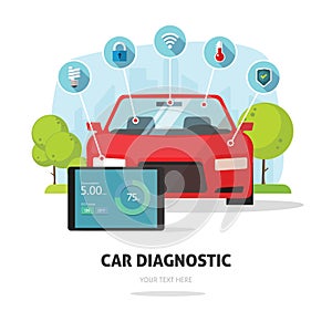 Car diagnostics test service, protection insurance concept parts service