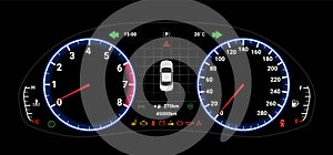 Car digital dashboard speedometer display fuel panel. Car cluster dashboard panel vector design template