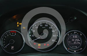 Car digital speedometer dashboard display warning lamps illuminated show all signs