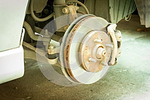 Car disc brake showing rotor and brake caliper, Car service.