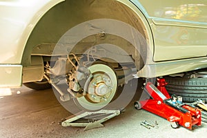 Car disc brake showing rotor and brake caliper without shock absorber, Car service.