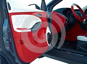 Car Doors. Car interior details. White red leather with stitching