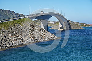 The car is draiving over Fredvang bridge