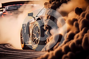 Car drifting. Blurred image diffusion race drift car with lots of smoke from burning tires on speed track, illustration ai