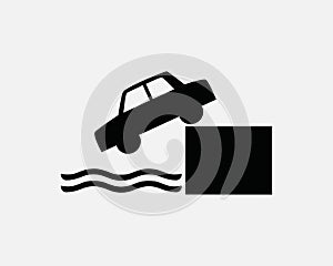 Car Drive off Cliff Icon Vehicle Fall Falling into Water Sea Vector Black White Silhouette Symbol Sign Graphic Clipart Artwork