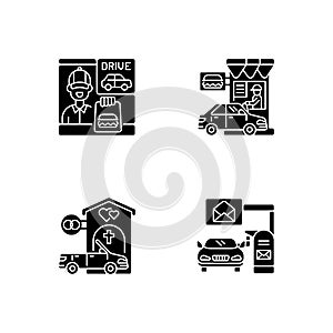 Car in drive thru lane black glyph icons set on white space