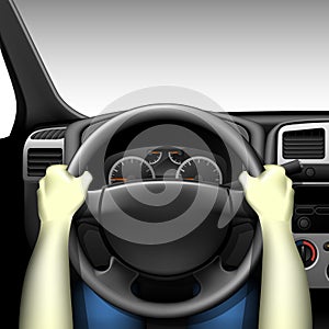 Car driver - car interior with dashboard and hands of driver