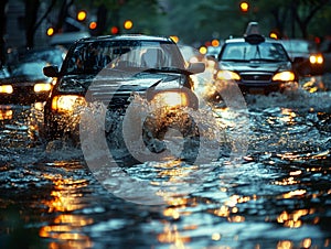 Car drives along flooded road during rain. Thunderstorm disaster, car drives through a puddle in the pouring rain