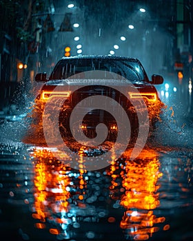 Car drives along flooded road during rain. Thunderstorm disaster, car drives through a puddle in the pouring rain