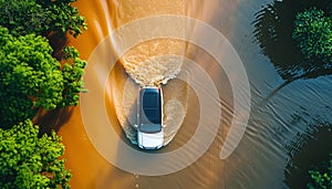 car drives along a flooded road, top view
