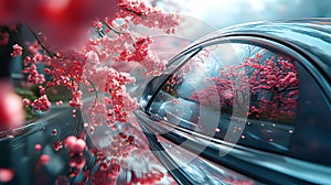 Car drives through cherry blossom road, spring