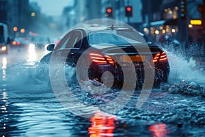 Car drives through a deep puddle on a flooded street.