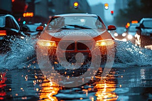 Car drives through a deep puddle on a flooded street.