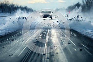 a car drives fast on a winter slippery road creating a whirlwind of snow, the concept of safety on a slippery road