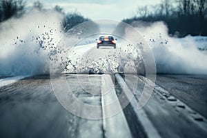 a car drives fast on a winter slippery road creating a whirlwind of snow, the concept of safety on a slippery road