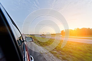 A car drives on the high way