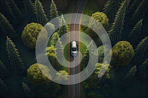 car driving on a curvy road on a mountain in a forrest