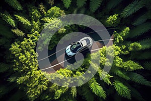 car driving on a curvy road on a mountain in a forrest