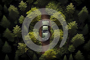 car driving on a curvy road on a mountain in a forrest