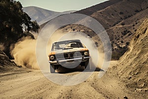 a car driving on a dirt road