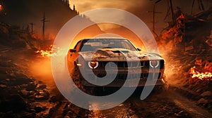 A car driving on a dirt road with flames gaming concept