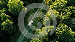 A car driving down a dirt road in the woods