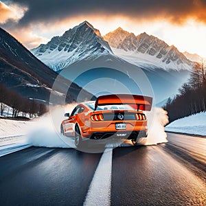 a car driving down a road with mountains in the background and clouds in the sky above with a bright orange car driving on