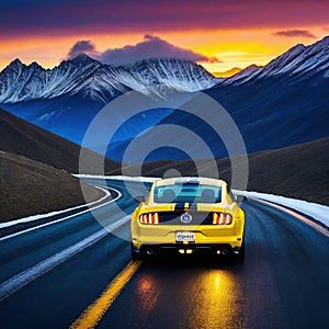 a car driving down a road with mountains in the background at sunset or dawn with a dramatic sky and clouds above with a