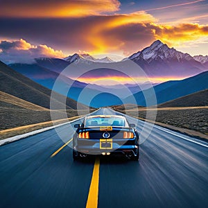 a car driving down a road with mountains in the background at sunset or dawn with a dramatic sky and clouds above with a