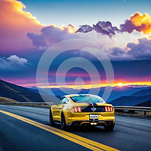 a car driving down a road with mountains in the background at sunset or dawn with a dramatic sky and clouds above with a