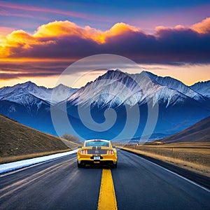 a car driving down a road with mountains in the background at sunset or dawn with a dramatic sky and clouds above with a