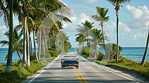 A car is driving down a road next to a palm tree lined beach