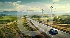 Car driving down road next to wind turbines