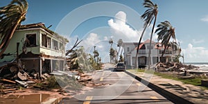 a car driving down a road with palm trees and buildings