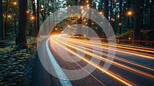 A car driving down a road with trees in the background, AI