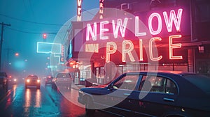 A car driving down a street with neon lights and signs, AI