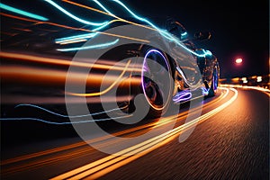 a car driving down a street at night with lights on it's side and a blurry image of the car