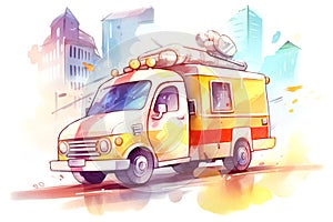 car driving fast in city in watercolor, concept of Vehicle transportation