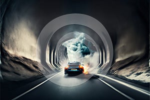 Car driving fast in tunnel