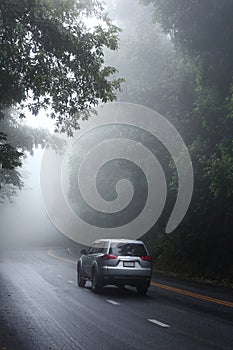 Car driving through the fog