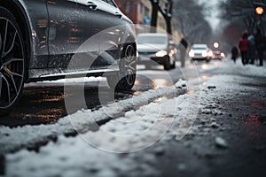 The car driving on icy road in urban street. Dangerous weather conditions, problems on slippery winter streets