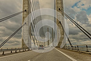 Car driving over the bridge between Sweden and Denmark