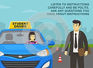 Car driving practicing. Female student driver listening to instructor. Examiner giving instructions about exam.