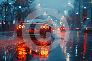 Car driving through puddles on a rainy street in the evening