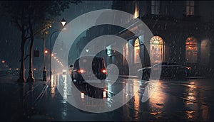 Car driving through the rain on the street at night. 3d rendering