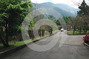 Car driving on the road. Mountains and forest in the backgrounds. Exploration and travel