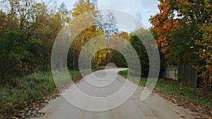 Car is driving on sandy dirt road along autumn forest. View through rear windshield windscreen of car in motion, back