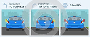Car driving signals guide. Turning right, left and braking lights.